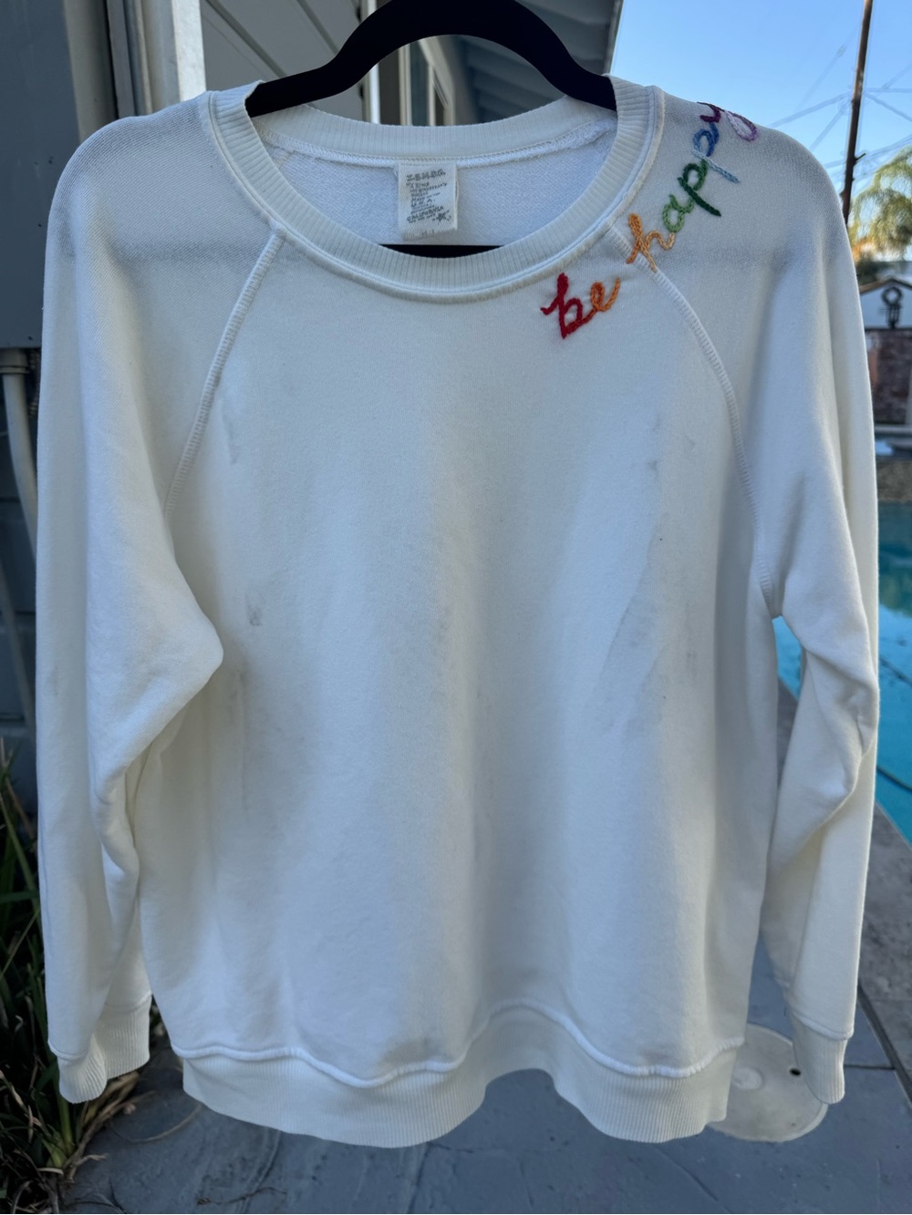 White 'Be Happy' Embroidered Crew Neck Sweater